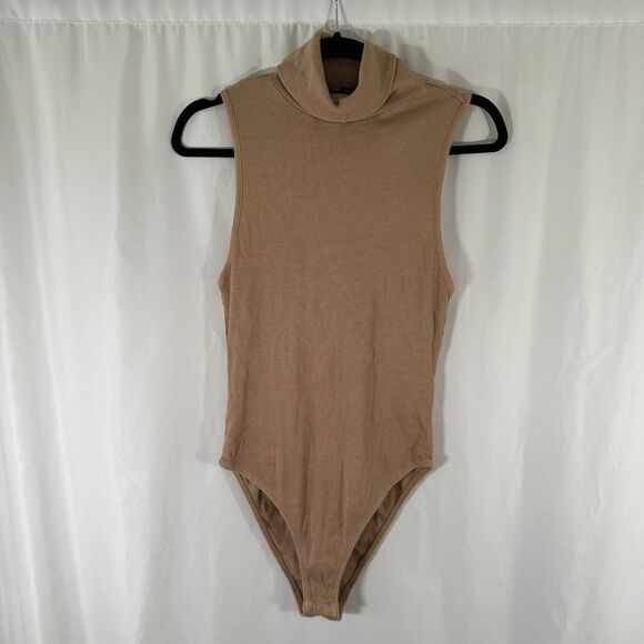 Zara Bodysuit Women's Large Tan Brown Turtleneck Sleeveless Ribbed Button Snap - Picture 1 of 11